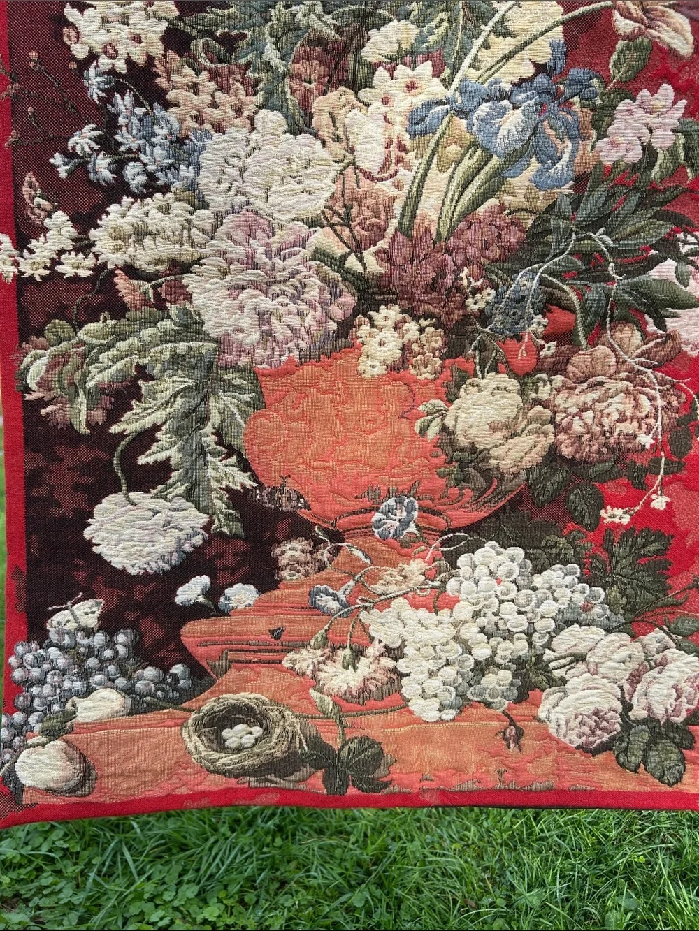 Vintage Corona Decor Co. Tapestry Wall Hanging #3655 Burgundy Urn With Flowers